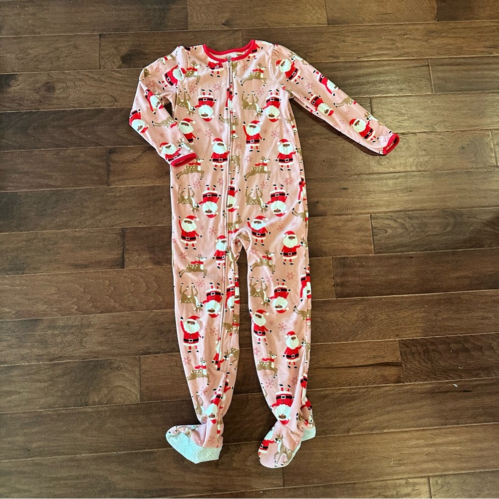 Festive Pink Santa and Reindeer Kids Fleece Footie Pajamas